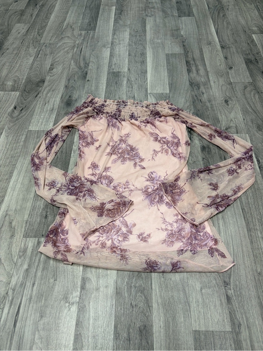 Vanity Sheer Off-Shoulder Blouse in Blush and Mauve Floral
